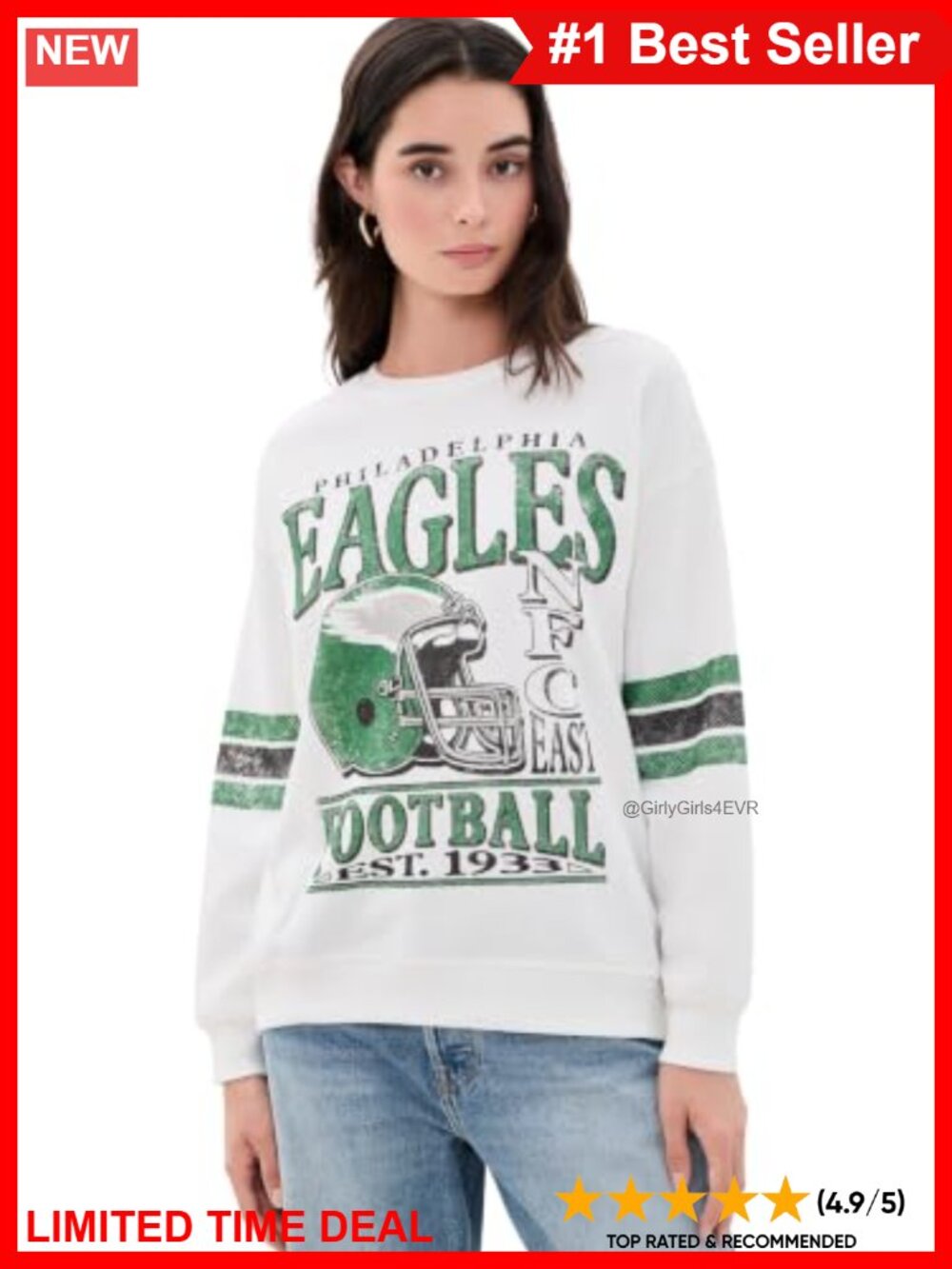 Eagles Oversized Striped Fleece Crew Neck Sweatshirt Long Sleeve Pullover